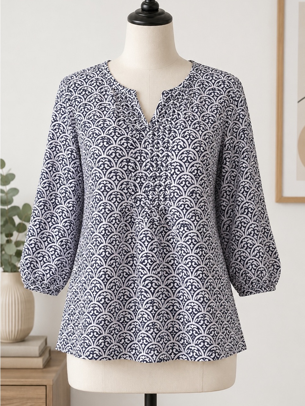 Talbots Women’s Navy & White Printed Peasant Blouse | 3/4 Balloon Sleeve Top